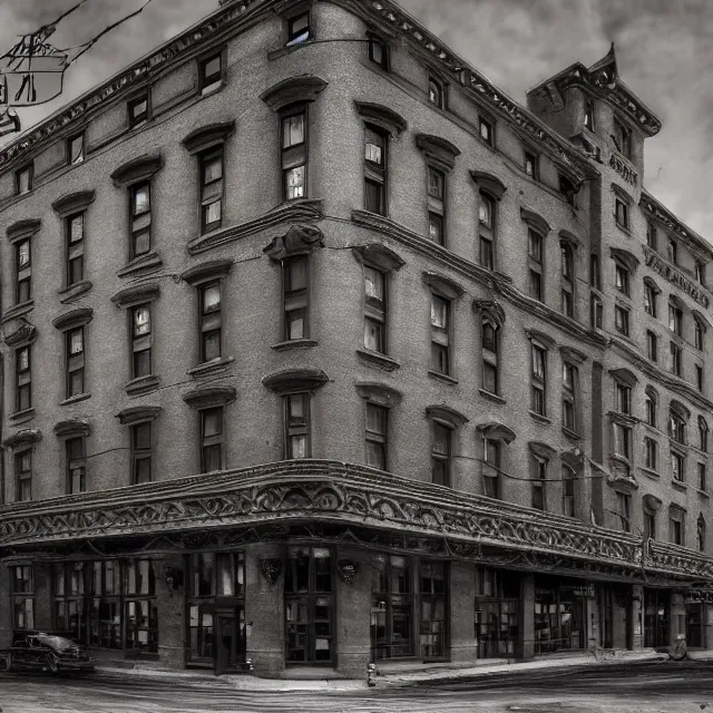 Image similar to sepia photo of a 1 9 2 0 s neo - gothic style hotel in downtown boston, overlooking a dark street, architectural, atmospheric lighting, brooding, painted, intricate, ultra detailed, well composed, best on artstation, cgsociety, epic, horror, stunning, gorgeous, intricate detail, much wow, masterpiece, cinematic aesthetic octane render, 8 k hd resolution,