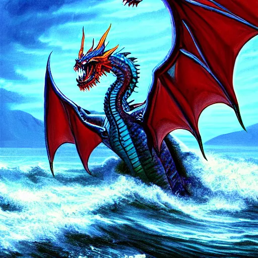 Prompt: Painting of evil scary sea dragon, coming out of the water with wings full head and face, symmetrical face, symmetrical red eyes, scales, out of the water to attack:: a large boat being attacked by the dragon:: rough seas, rough waters:: night, lightning, realistic, dnd art Keith Parkinson