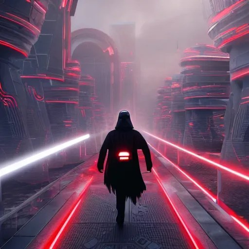 Prompt: photo of Darth vader walking in a futuristic city in a dystopian future made of electronic components and looks like a giant pcb board. Very detailed 8k. Unreal engine 5 render with nanite, global illumination and path tracing. Cinematic post processing. Emphasize on the colors black and red.