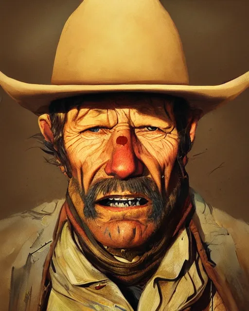 Prompt: a film still extreme close - up shot of an old cowboy outlaw in a desert by esao andrews. trending on artstation
