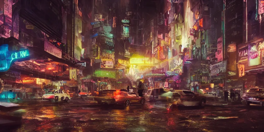 Image similar to a guatemalan crowded cyberpunk city with the fifth element vibe with neon ads and signs with evocative dramatic mood with blade runner vibe with cars and floating vehicles with motion blur with depth of field with bloom with lightshaft with volumetric lights, fog, by jeremy mann, oscar winning graphics, photo realistic, bloom, imax, dynamic lighting, artstation,