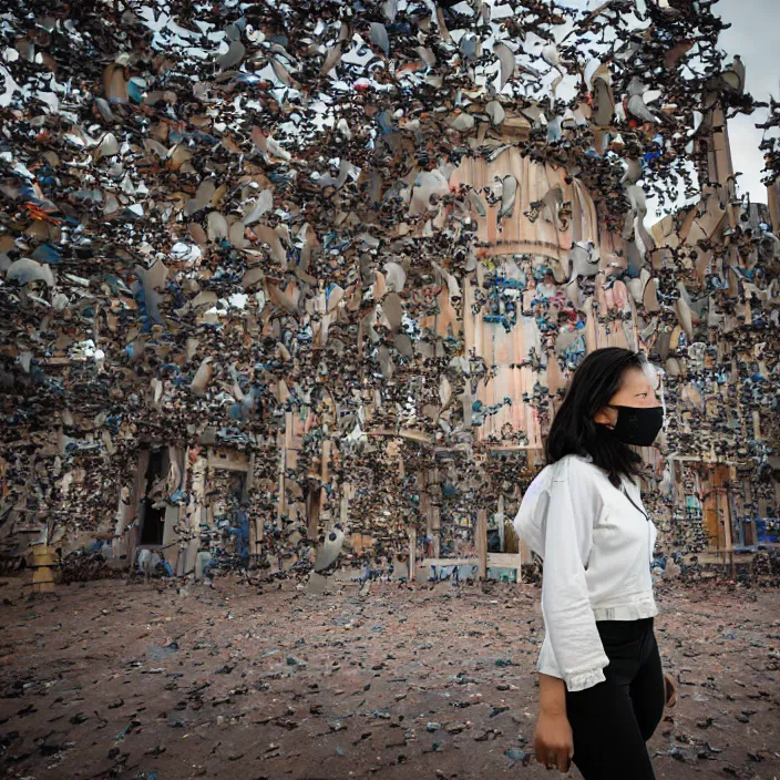 Prompt: a woman wearing a mask made of birds, in an abandoned theme park, by omar z. robles, canon eos c 3 0 0, ƒ 1. 8, 3 5 mm, 8 k, medium - format print