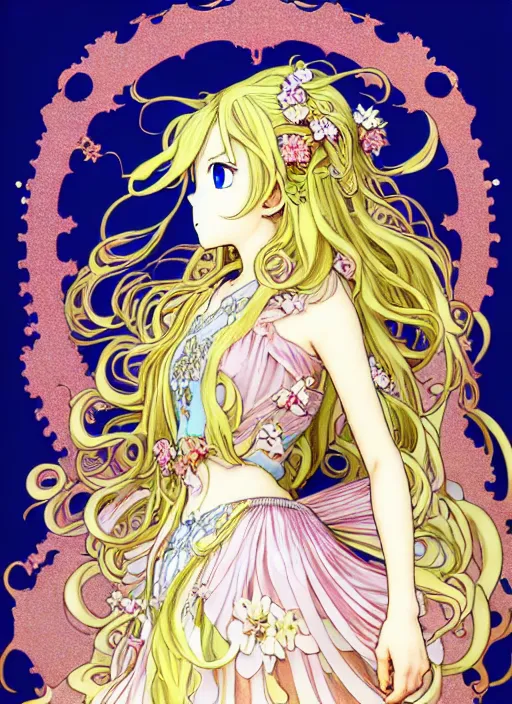 Image similar to exquisite imaginative manga poster of a fairy princess, fire emblem heroes, long wavy hair, rococo ruffles dress, shimmering, by shigenori soejima, minaba hideo, katsuhiro otomo, alphonse mucha, jump comics, illustration, artstation, pixiv, dark fantastic, highly detailed, 8 k, fluorescent, fluorescent, maximalist