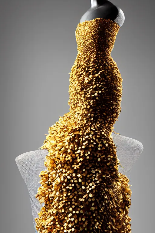 Image similar to A beautiful dress made of a bee hive, on a mannequin. High resolution, studio lighting