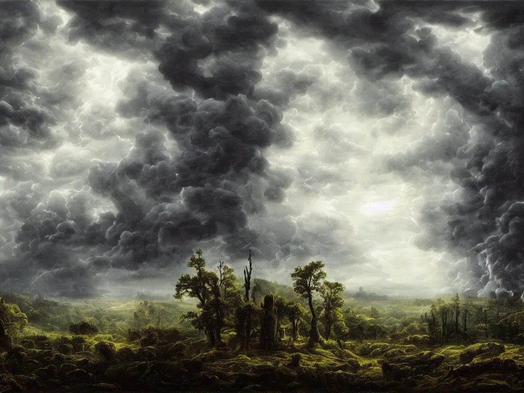 Prompt: detailed landscape, forests. very detailed dark super storm, hyper realistic clouds, impressive, magical, very atmospheric, smoke boiling, cinematic, deep, very high complexity, stunning, masterpiece, chiaroscuro, in the style of caspar david friedrich and laura den hertog and michael creese, very detailed. 4 k