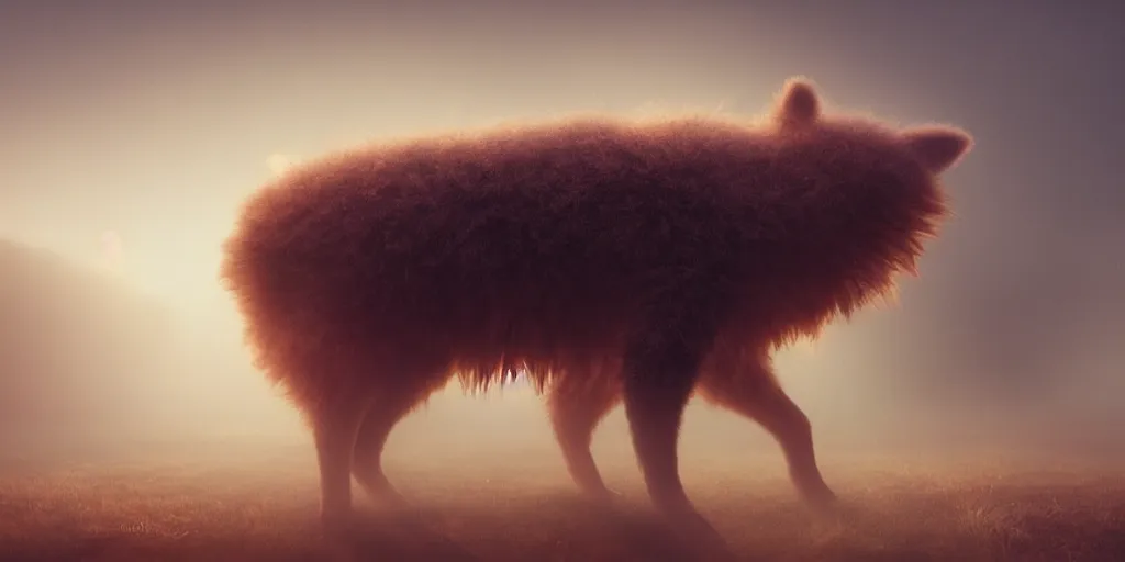 Image similar to fluffy unknown creature, fog, rain, volumetric lighting, beautiful, golden hour, sharp focus, ultra detailed, cgsociety