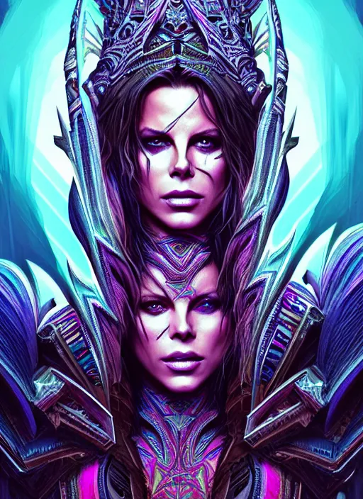 Image similar to hyper detailed ultra sharp aztec underworld warrior trance girl, beautiful face, kate beckinsale. trending on artstation, warpaint aesthetic, earthwave, colorful, neon, ornate, intricate, digital painting, concept art, smooth, sharp focus, illustration, art by artgerm and greg rutkowski and h. r. giger, 8 k