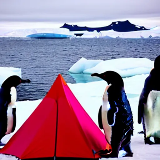 Prompt: a red camping chair in the middle of antarctica. the chair is 3 0 meters away from the camera and the chair is surrounded by a group of penguins.