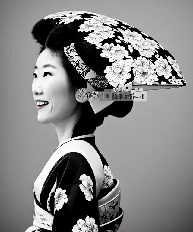 Prompt: a grainy black and white film photograph shot on kodak 4 0 0 tx, portrait of one!! beautiful japanese woman wearing a traditional kimono with a very ornate pattern of cranes and flowers, she smiles, her hair is tied above her head, the scene is shot on a canon 8 5 mm f / 1. 4 in a studio setting with dramatic and cinematic lighting