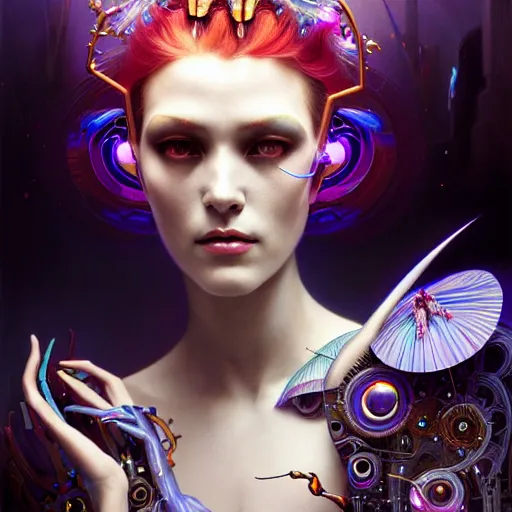 Image similar to extremely psychedelic beautiful cyborg queen of virus infected by night. intricate, elegant, highly detailed, extremely lifelike photorealistic digital painting, artstation. steichen, gaston bussiere, tom bagshaw, cyberpunk alphonse mucha. elegant minimalism. anatomically correct. sultry. sharp focus. white. surreal lush hallucination