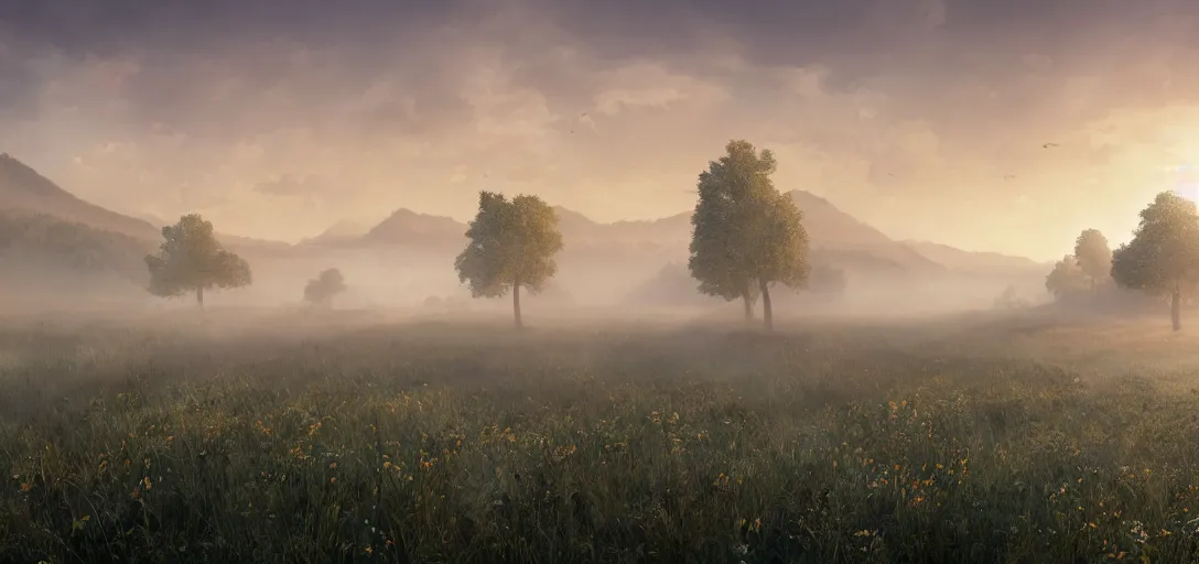 Image similar to beautiful meadow at sunrise, thin morning fog hovering close to the ground, symmetry, intricate Details, raphael lacoste, eddie mendoza, alex ross, concept art, matte painting, highly detailed, rule of thirds, dynamic lighting, cinematic, detailed, denoised, centerd, clean render