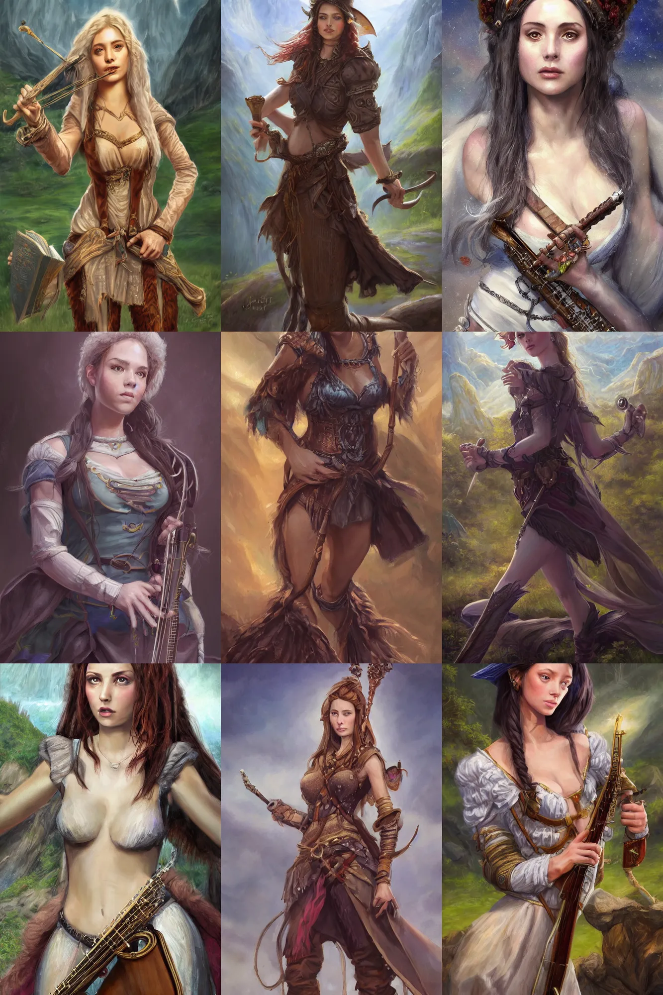 Image similar to a full body high detail fantasy portrait oil painting illustration of a single beautiful female bard by justin sweet with face and body clearly visible, in a scenic background, pretty eyes, realistic proportions, d & d, rpg, forgotten realms, artstation trending, high quality, sombre mood, artstation trending, muted colours, entire person visible!