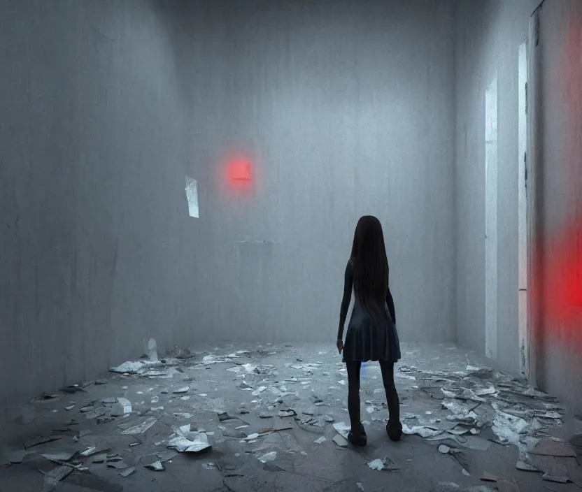 Image similar to gothic girl standing on an abandoned hospital room with red ceiling lighting and several blue lights on the walls, gloomy and foggy atmosphere, octane render, artstation trending, horror scene, highly detailded