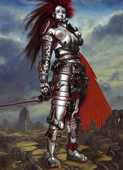 Image similar to portrait of a diabolical cyborg clown samurai girl, hair tail, torn cape, adaptive armor, dynamic pose, heavy eyes to the side, ancient ruins, glowing veins subsurface scattering, in clouds, sunset, portrait, by gerald brom, by mikhail vrubel, by peter elson, muted colors, extreme detail, reflections, trending on artstation, 8 k