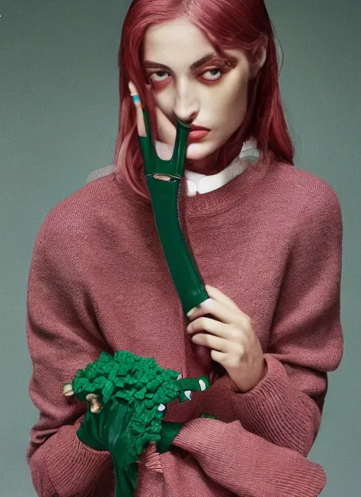 Image similar to a beautiful girl in a gucci sweater is creating a new city photographed by maurizio cattelan and pierpaolo ferrari with the art direction of micol talso for toiletpaper magazine