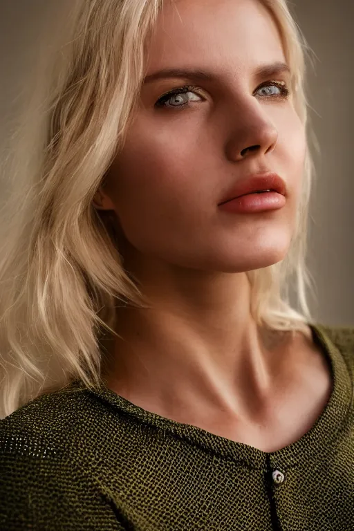 Prompt: photograph of a vintage photo of an olive skinned blonde female model in her twenties, wearing a designer top, looking content, focused on her neck, photo realistic, extreme detail skin, natural beauty, no filter, slr, golden hour, 4 k, high definition, selfie