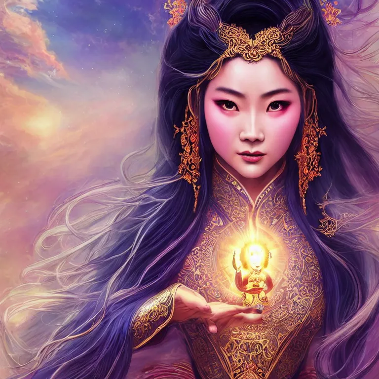 Image similar to beautiful cinematic fantasy poster, a beautiful vietnamese goddess wearing an ornate ao dai with flowing illuminated hair, beautiful glowing galaxy eyes, wideshot ultrawide angle epic scale, hybrid from The Elden Ring and art direction by Darius Zawadzki ;by artgerm; wayne reynolds art station; cinematic quality character render; low angle; ultra high quality model; production quality cinema model;