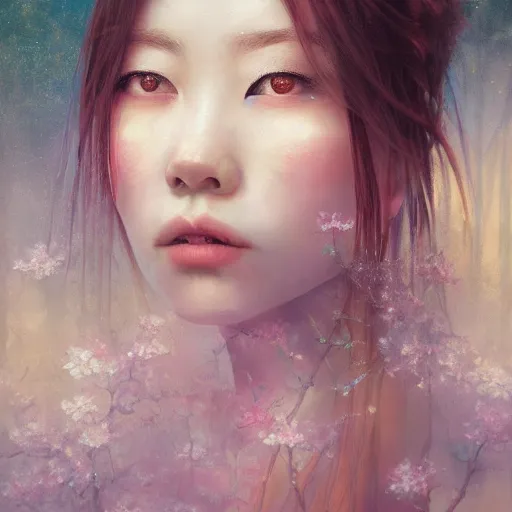 Image similar to detailed portrait of japanese girl in a spring, spring light, painting by lise deharme