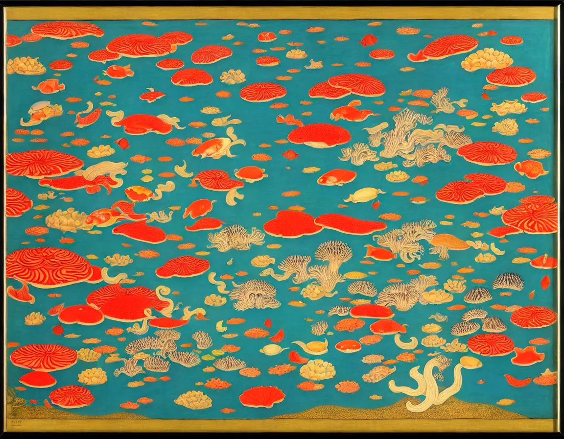Prompt: vase of mushroom in the sky and under the sea decorated with a dense field of stylized scrolls that have opaque red outlines, with koi fishes, ambrosius benson, kerry james marshall, oil on canvas, hyperrealism, light color, no hard shadow, around the edges there are no objects