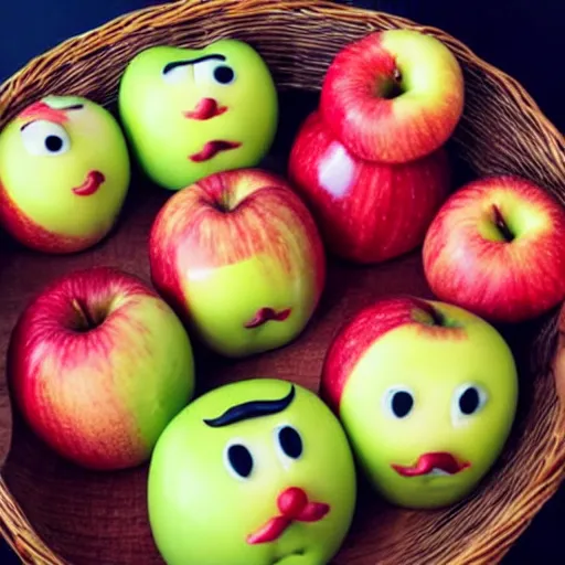 Image similar to anthropomorphic apples with mustaches and hats in a fruit basket