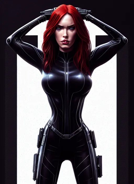 Prompt: symmetry!! gantz portrait of megan fox as black widow, unholy, intricate, highly detailed, dynamic lighting, digital art, digital painting, artstation, terence nielsen, sharp focus, illustration, art by artgerm and greg rutkowski and moebius, 8 k