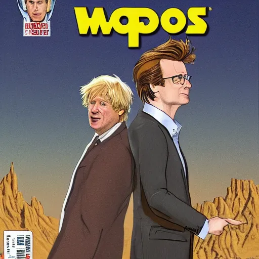 Prompt: A marvel comic of the tenth doctor standing on one side of a canyon, and Boris Johnson standing on the other, daytime