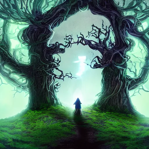 Prompt: a tiny wizard walking through a very detailed malificent, spectacular, ravenous portal to the stars in a mighty, horrific tree is standing in a thickly vegetated, foggy, sombre, dark forest in a fabulous fantasy world, high definition, sunraise, dreamlike light incidence, ultrarealistic