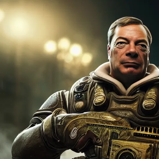 Image similar to Portrait of Nigel Farage in Gears of War, splash art, movie still, cinematic lighting, dramatic, octane render, long lens, shallow depth of field, bokeh, anamorphic lens flare, 8k, hyper detailed, 35mm film grain