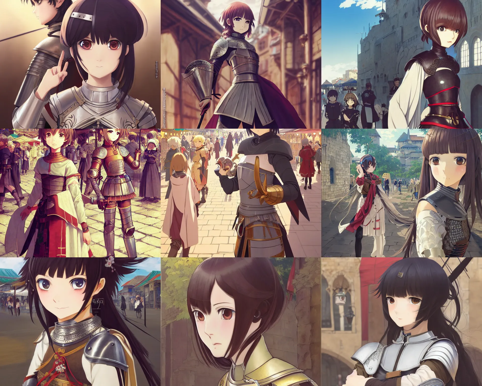 Prompt: anime visual, portrait of a young female knight in armor at a medieval open air market exterior walking, cute face by ilya kuvshinov, yoh yoshinari, makoto shinkai, dynamic composition, dynamic perspective, cel shaded, flat shading mucha, rounded eyes, moody, detailed facial features, psycho pass, lomography, gustav klimt