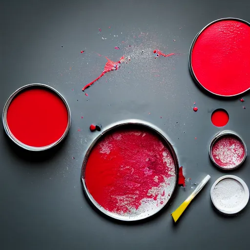 Image similar to a clean studio photography set, there is a bucket of red paint in the middle and it has just exploded, there is paint EVERYWHERE