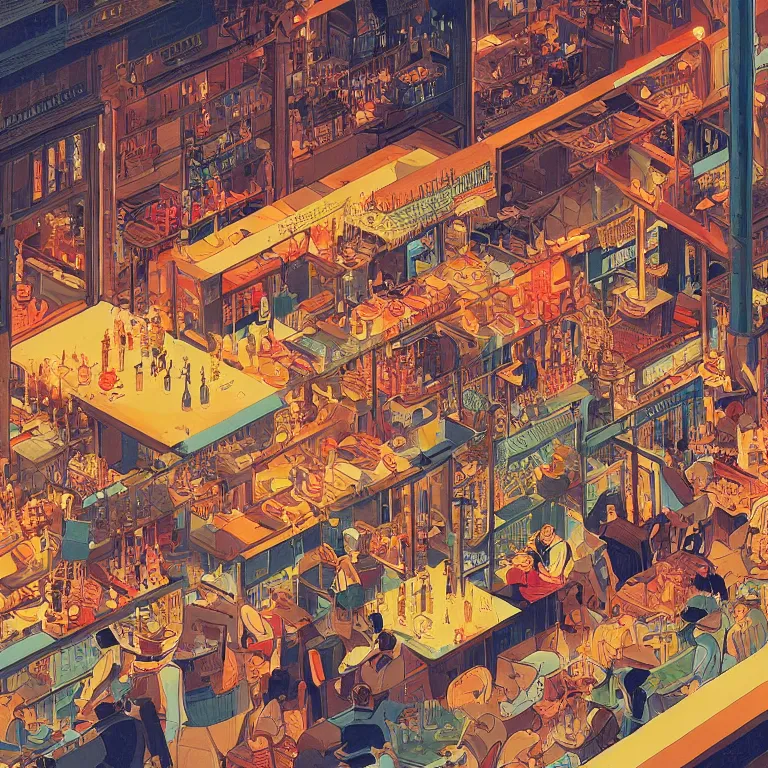 Image similar to isometric view illustration of a very lively restaurant and bar neighborhood , highly detailed, end of the day, by Victo Ngai and Bruce Pennington