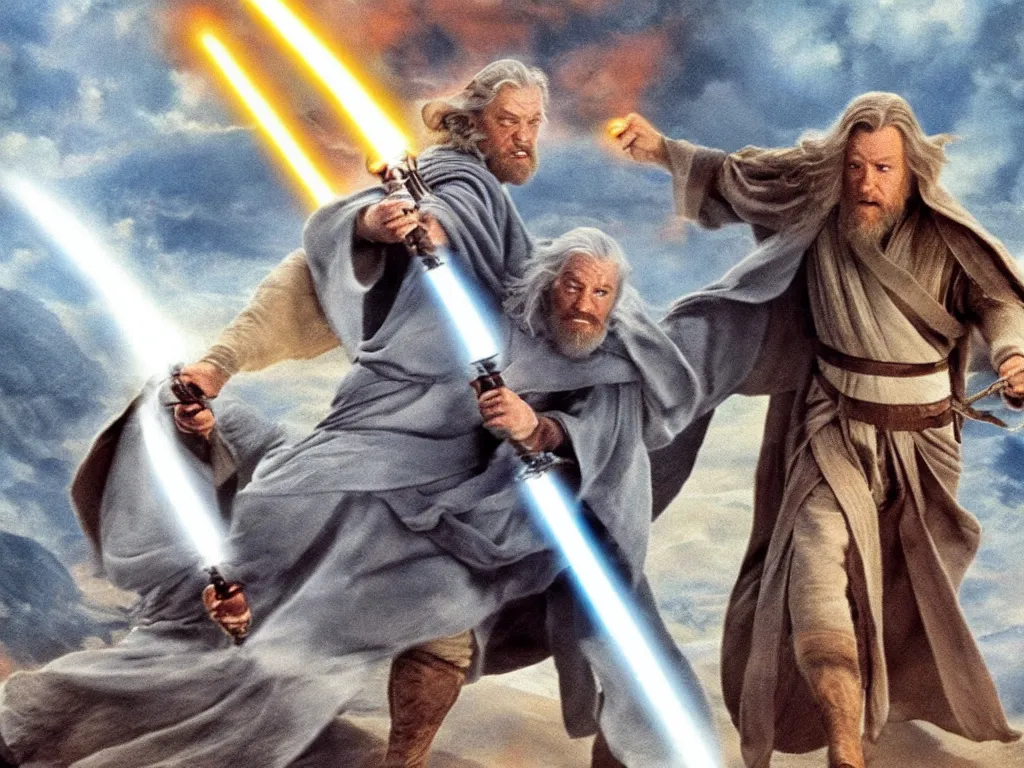 Image similar to Obi Wan fighting Gandalf