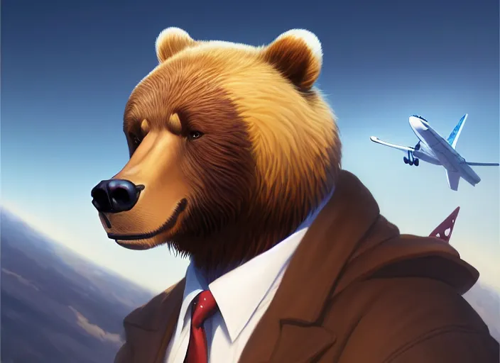 Image similar to character portrait feature of the anthro male anthropomorphic kamchatka brown bear fursona wearing white airline pilot outfit uniform professional pilot for delta airlines character design stylized by charlie bowater, ross tran, artgerm, and makoto shinkai, detailed, soft lighting, rendered in octane