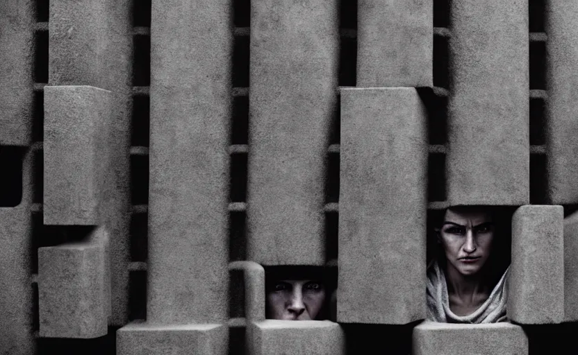 Prompt: cinestill 5 0 d photographic portrait by helen levitt of a group of android women wearing rugged black mesh techwear in a cement maze, extreme closeup, modern cyberpunk, minimalism, dust storm, 8 k, hd, high resolution, 3 5 mm, f / 3 2, ultra realistic faces, intricate detail, ex machina