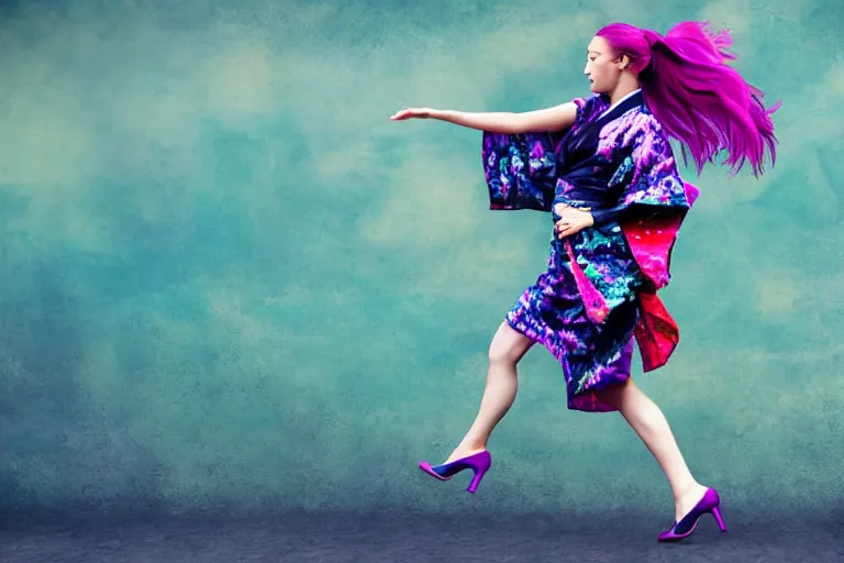 Image similar to photo, young woman running from monster, high heels, colorful kimono