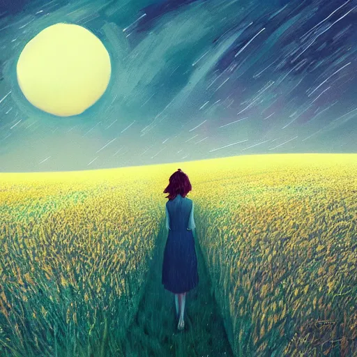 Image similar to giant daisy flowers as a head, girl walking in wheat field, hills, surreal photography, moon light, dark night, star trails, dramatic light, impressionist painting, clouds, digital painting, artstation, simon stalenhag