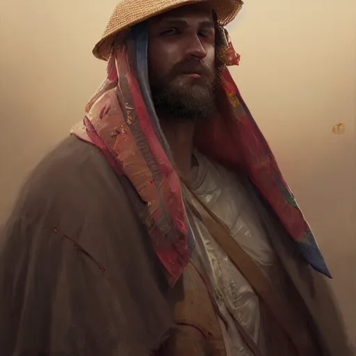 Prompt: portrait of a blindfolded man wearing a multicolored cloak and a wide brimmed straw hat, detailed face, highly detailed, cinematic lighting, digital art painting by greg rutkowski