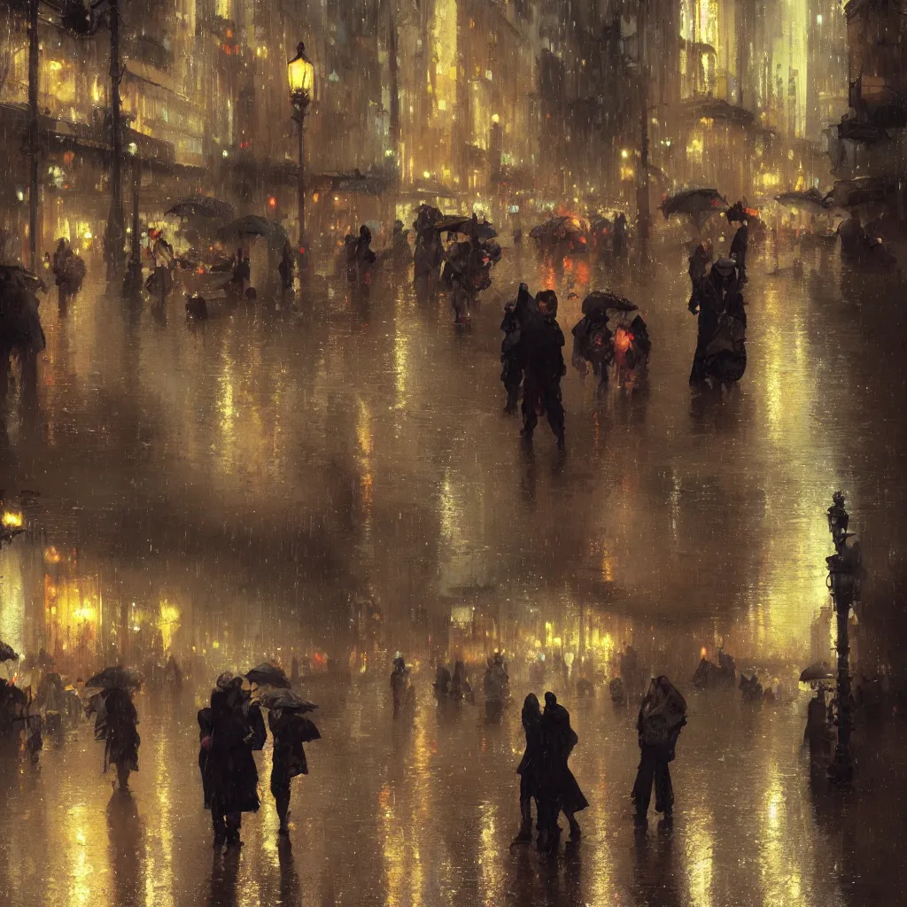 Image similar to a beautiful city at night, wet sidewalk, people, reflections, raindrops, art by craig mullins, greg rutkowski, alphonse mucha, trending on artstation, extremely detailed, masterpiece