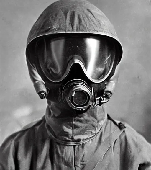 Image similar to man in anti radiation hazmat suit and optical gasmask, ww1 film photo, grainy, high detail, high resolution