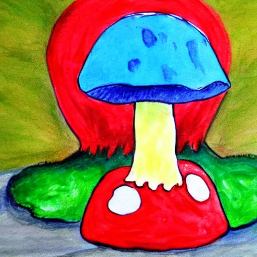 Image similar to a children painting of a cute creature sitting next to a mushroom, detailed, realistic