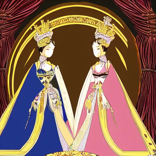 Prompt: a scene of two beautiful queens facing each other in front of a throne, symmetrical faces, detailed anime art