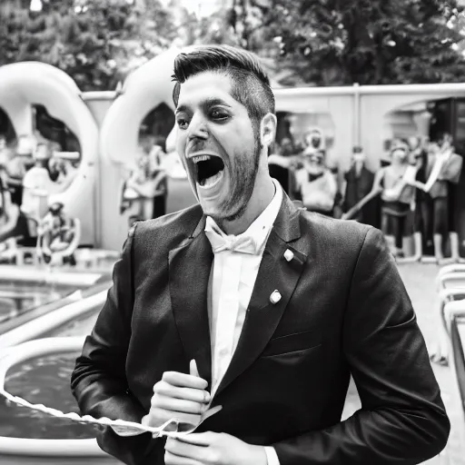 Image similar to a frog in a suit is in a pool, he is cheering and very happy, black-and-white, 50mm