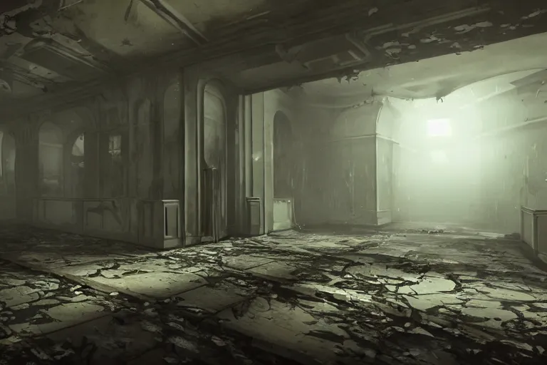 Prompt: a surrealistic painting of a first person shooter game trailer on a abandoned victorian shopping mall, cinematic lightning, ray tracing, unreal engine 5, photorealistic fps game concept art, detailed, dark, moody, foggy