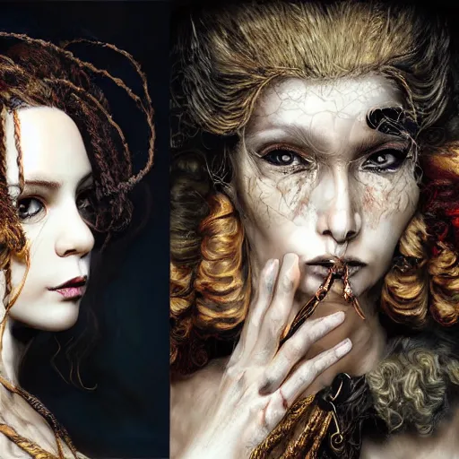 Image similar to portrait of a Shibari rope wrapped face and neck, headshot, insanely nice professional hair style, dramatic hair color, digital painting, of a old 18th century, traveler, amber jewels, baroque, ornate clothing, scifi, realistic, hyperdetailed, chiaroscuro, concept art, art by Franz Hals and Jon Foster and Ayami Kojima and Amano and Karol Bak,