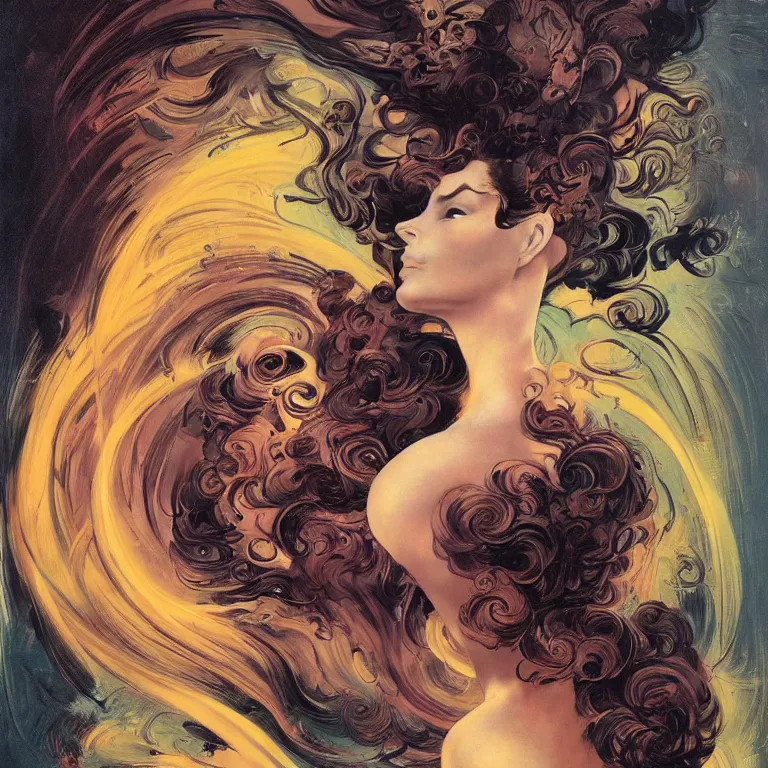 Image similar to portrait of a woman with swirling hair and fractal skin by frank frazetta, retrofuturism, psychedelic art reimagined by industrial light and magic