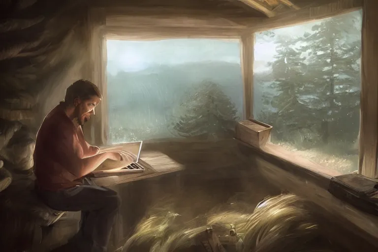 Image similar to A man in a hut in the middle of nowhere hand-cranking a generator while watching videos on his laptop, Charlie Bowater