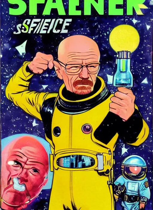 Prompt: Walter White as space ranger in retro science fiction cover by Kelly Freas (1965)