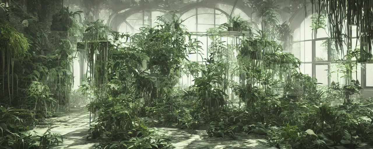 Prompt: An abandoned overgrow hazy laboratory with monstera plants, detailed, 4k, moody atmosphere,octane render, sharp focus,