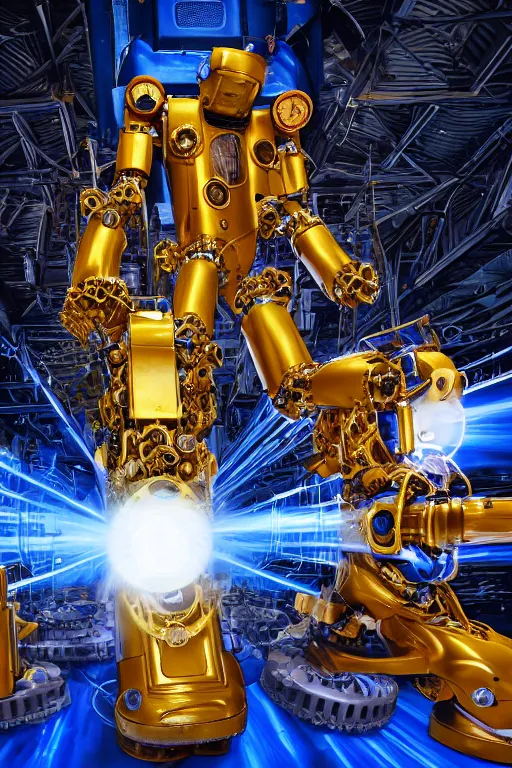 Image similar to portrait photo of a giant huge golden and blue metal humanoid steampunk robot cleaner robot, with gears tubes vaccuumcleaner, on the wet floor are mop and bucket, eyes are glowing red lightbulbs, shiny crisp finish, 3 d render, 8 k, insaneley detailed, fluorescent colors, background is multicolored lasershow