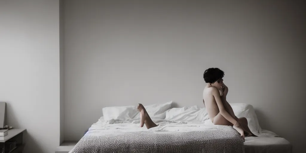 Prompt: in a quiet bedroom, photography of a very beautiful short-haired woman sit on a bed